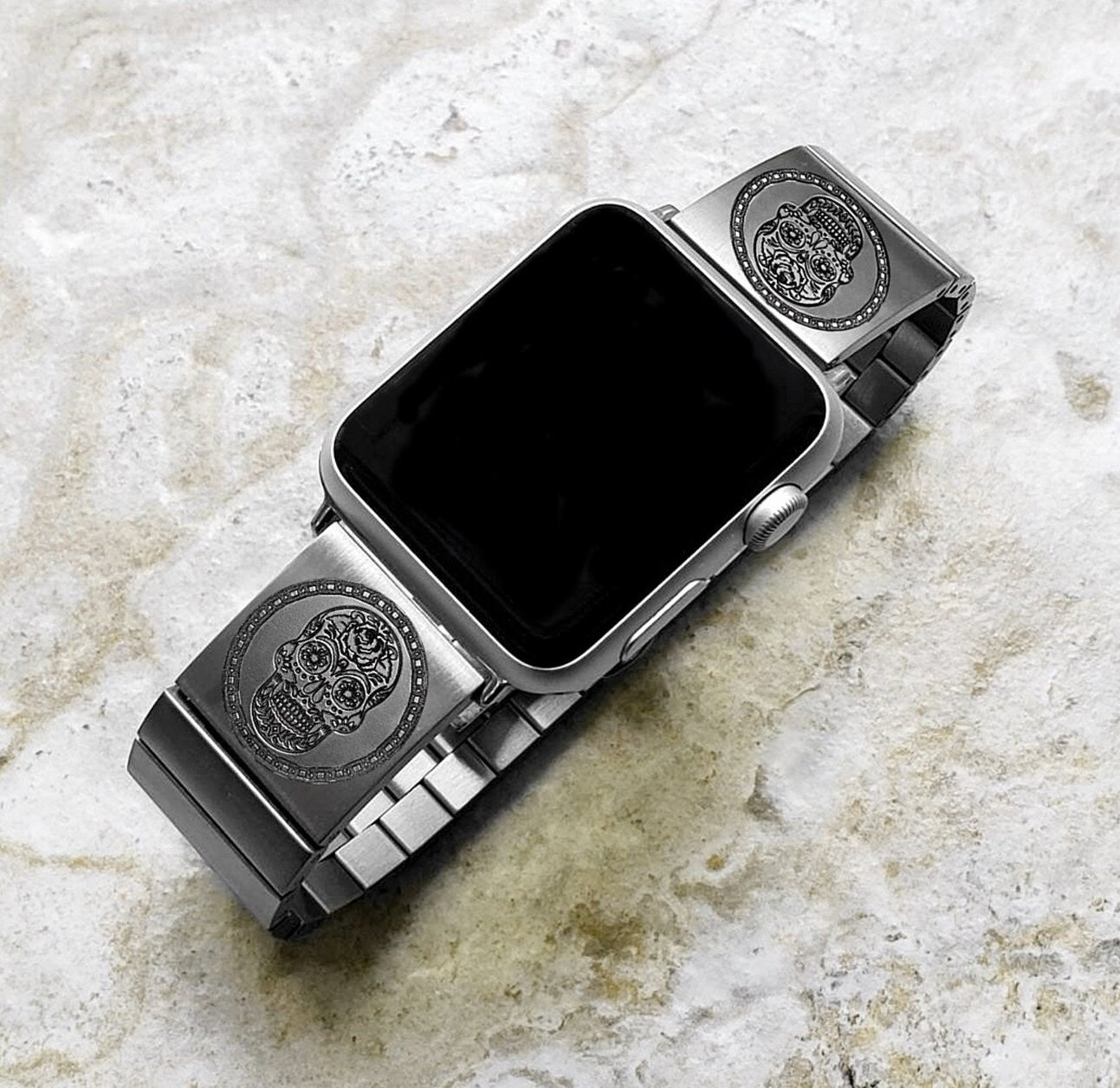 Engraved Watch Band Compatible with Apple iWatch Ultra 2 49mm and 9 8 Series 41mm 45mm Case Silver Stainless Steel Tooled Bracelet Strap SS2